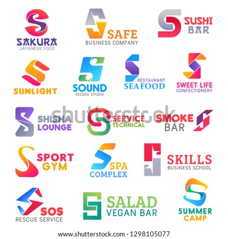 Corporate identity letter S business icons. Food and music, confectionery and recreation, technology and sport, beauty and education, safety and travel. Vector emblems, signs and symbols isolated