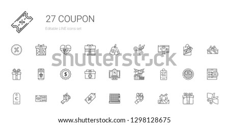 coupon icons set. Collection of coupon with gifts, gift, cutting, tag, ticket, online shopping, label, online shop, scissors, price tag, supermarket gift. Editable and scalable coupon icons.