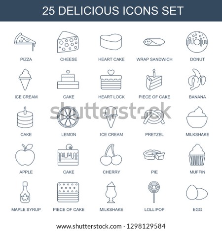 delicious icons. Trendy 25 delicious icons. Contain icons such as pizza, cheese, heart cake, wrap sandwich, donut, ice cream, cake, heart lock. delicious icon for web and mobile.
