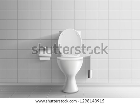 Modern toilet room interior 3d realistic vector mockup with tiled walls and floor, classic white ceramic toilet bowl with water tank and opened seat lid, paper and brush in metal holders illustration Royalty-Free Stock Photo #1298143915