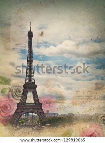 Retro styled card with Eiffel tower and roses