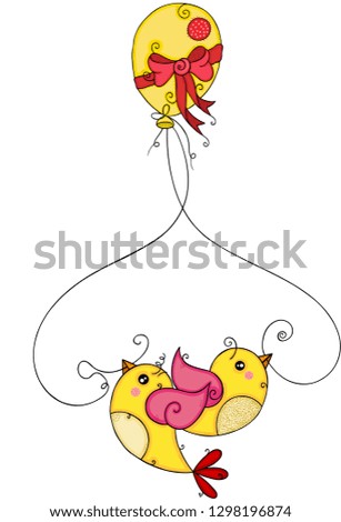 Two yellow birds flying with balloon
