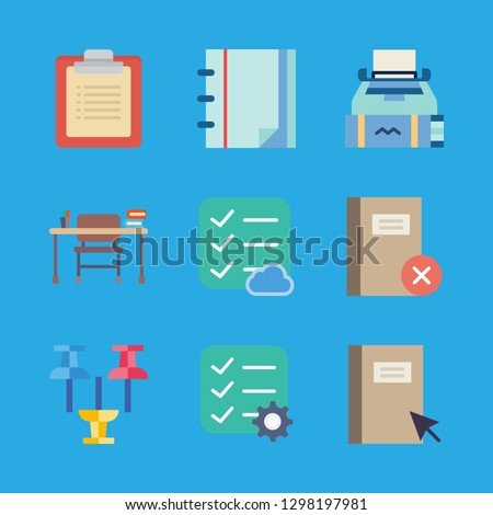 notepad icons set with push pin, desk and writing vector set