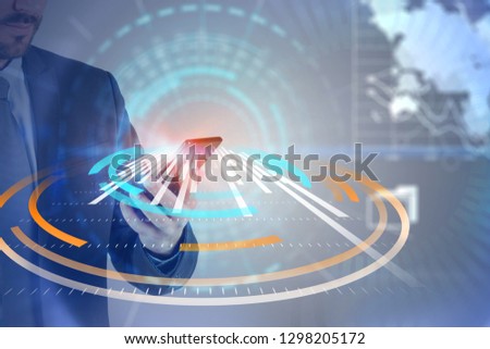 Unrecognizable bearded businessman looking at smartphone with double exposure of hud interface and world map. Toned image. Elements of this image furnished by NASA