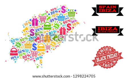 Black Friday collage of mosaic map of Ibiza Island and textured seal. Vector red seal with unclean rubber texture with Black Friday title. Flat design for promotion posters.