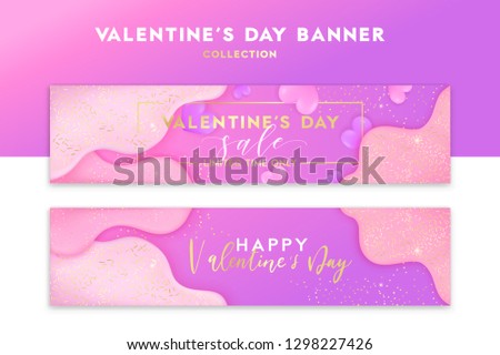 Valentine's day trendy bright horizontal banner set. Pink liquid shapes with gold glitter and confetti background. Sale coupon, advertising label, promo website ad for 14 february. Love heart balloons