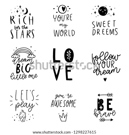 Big kids collection of fun phrases with simple cartoon illustration and lettering in scandinavian style. Monochrome vector illustration. Perfect for nursery design