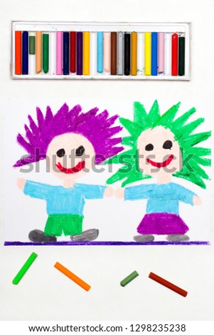 Colorful drawing: Happy children with funny hair. 