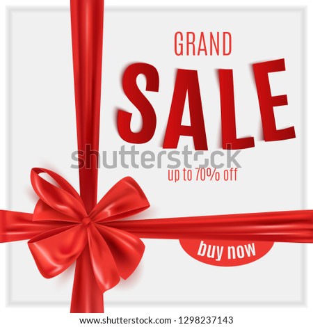 Grand sale advertisement with red decorative ribbon bow, realistic vector illustration