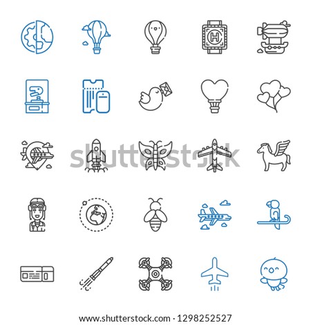 fly icons set. Collection of fly with bird, plane, drone, rocket ship, boarding pass, parrot, airplane, bee, earth, pilot, pegasus, butterfly. Editable and scalable fly icons.