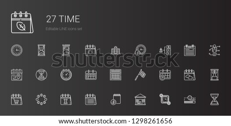 time icons set. Collection of time with package delivered, agenda, calendar, moon phases, racing, stopclock, hourglass, skills, wall clock, university. Editable and scalable time icons.