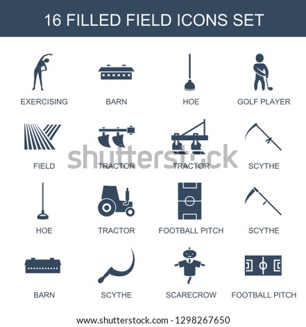 16 field icons. Trendy field icons white background. Included filled icons such as exercising, barn, hoe, golf player, tractor, scythe, football pitch. field icon for web and mobile.