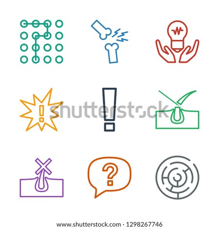 9 problem icons. Trendy problem icons white background. Included outline icons such as labyrinth, exclamation, no hair in skin, shave hair in skin. problem icon for web and mobile.