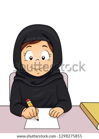 Illustration of a Muslim Kid Girl Writing Using Pencil on Blank Paper