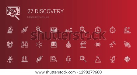 discovery icons set. Collection of discovery with flask, zoom in, spaceship, searching, space shuttle, observatory, wind rose, test tubes. Editable and scalable discovery icons.
