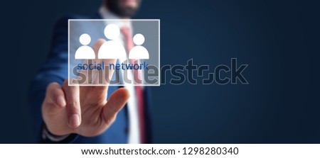 man hand team with social network text in screen