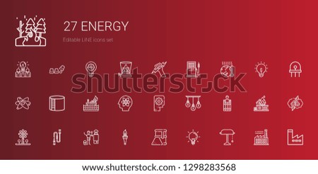 energy icons set. Collection of energy with desk lamp, ideas, fuel, torch, heater, jumping rope, windmill, barrel, lamp, thinking, atom, fire. Editable and scalable energy icons.