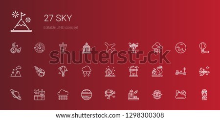 sky icons set. Collection of sky with nebula, meteorite, zeppelin, jupiter, rain, airport, saturn, tornado, observatory, storm, raining, hot air balloon. Editable and scalable sky icons.