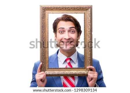 Elegant businessman with picture frame isolated on white 