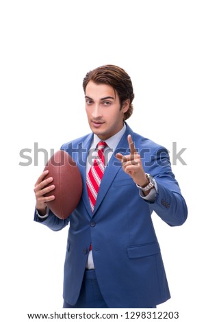 Young elegant man with rugby ball isolated on white 
