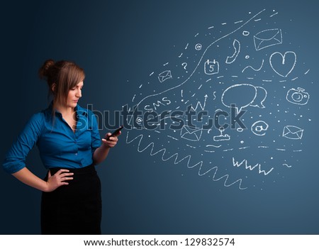 Young girl typing on smartphone with various modern technology icons and symbols