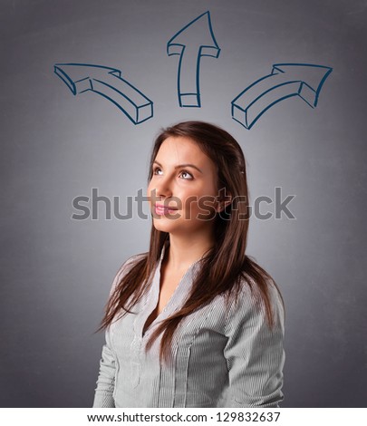 Beautiful young lady thinking with arrows overhead