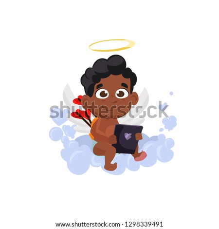Afro cupid with love book illustration. Kid, love, romantic, angel. Saint Valentines Day concept. Vector illustration can be used for topics like romantic, love, celebration, greeting card