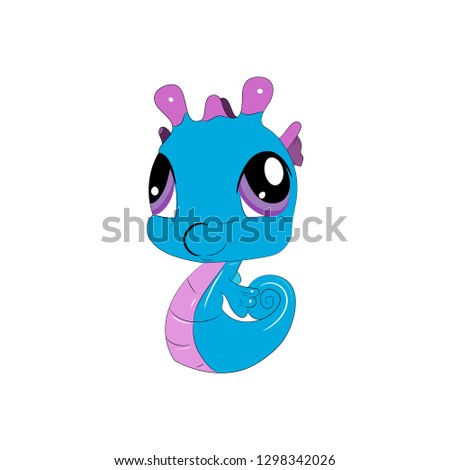 Seahorse vector illustration. Cute cartoon animal with big eyes.