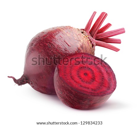 Isolated beet. Whole red beetroot and a half isolated on white background Royalty-Free Stock Photo #129834233