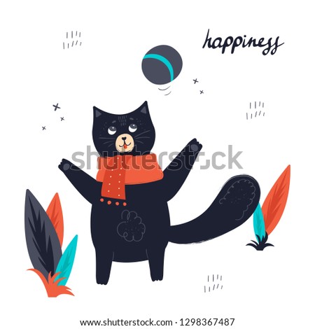 Color hand drawn vector character. Happy and playful cat playing with a ball in the garden. Isolated scandinavian cartoon illustration