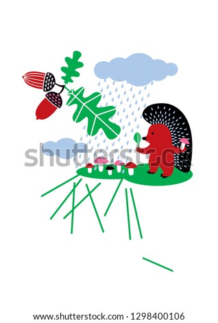 A hedgehog stands under a cloud with rain in a mushroom glade. Also depicted oak leaves with acorns. 