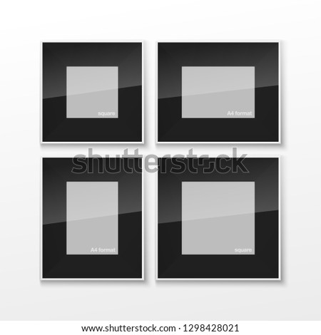 Set of Realistic Square and Rectangular Black and White Blank Picture Frame A3 A4 sizes, hanging on a White Wall from the Front. Vector illustration Empty Frame with Glass. Design Template for Mock Up