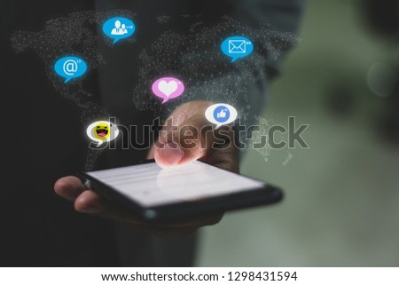  telecommunication network connected world,social network concept with smart phone