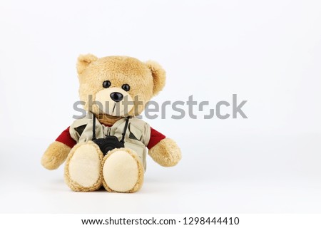 male teddy bear with camera isolated and white background