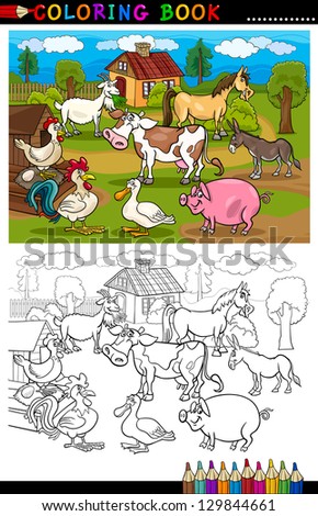 Coloring Book or Coloring Page Cartoon Illustration of Funny Farm and Livestock Animals for Children Education