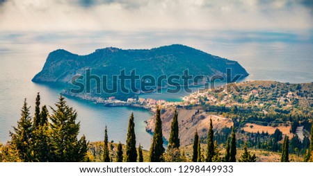 Aerial summer view of Asos peninsula and town. Splendid morning seascape of Ionian Sea. Exciting outdoor scene of Kephalonia island, Greece, Europe. Traveling concept background. 