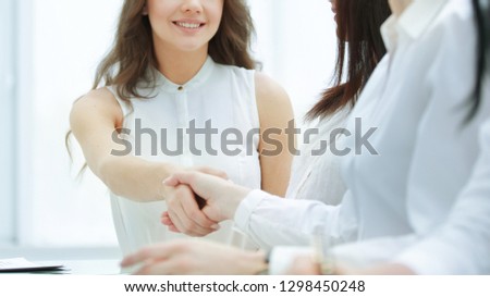 Cheerful businesswoman and client handshaking, sitting at the table