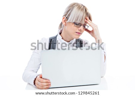 Depressed business woman with laptop computer on white background