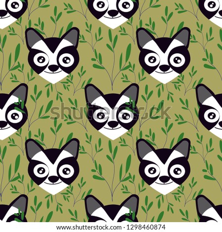 cute vector seamless pattern with raccoons on grass background