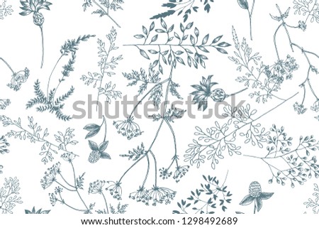 Wild flowers blossom branch seamless pattern. Vintage botanical hand drawn illustration. Spring herbal flowers with different plants of vintage garden and forest. Vector design. Can use for greeting