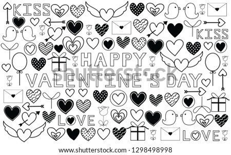 Happy Valentine’s day collections illustration in black and white. Drawing of hearts, bird, letter, rose, balloon, arrow, flower, present and capital letter of kiss, love and Happy Valentine’s day.