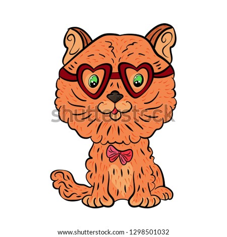 Ginger cat with glasses in shape of heart and bow-tie. Valentine's Day. Cat isolated on white background Vector illustration 