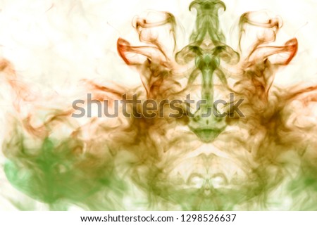 Gray smoke, highlighted in green on a white background in the form of a blurred image of the head, rises as it is screwed up in thin spirals.