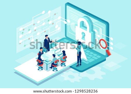 Cyber security concept. Isometric vector of a team working designing new software to protect personal data Royalty-Free Stock Photo #1298528236