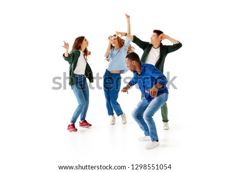 group of cheerful young people men and women multinational isolated on white background