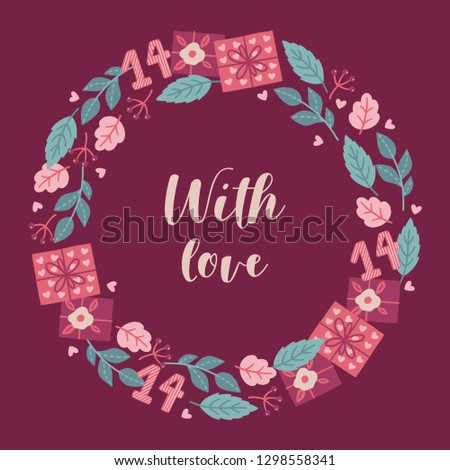 Valentine wreath with branches, presents, leaves, berries and hearts on dark pink background. Perfect for greeting cards.