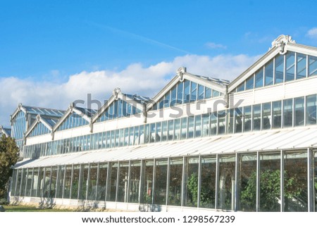 Glass greenhouse with plants, with triangle roof and cloudy sky 