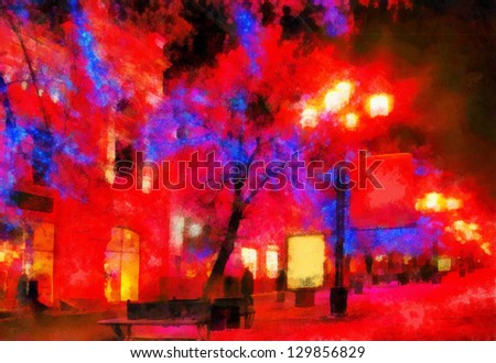 Digital structure of painting. Watercolor evening cityscape