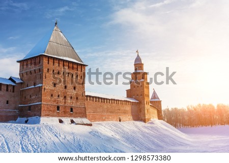 Novgorod Kremlin in cold snowy day in Veliky Novgorod, Russia. Winter landscape of Novgorod the Great.