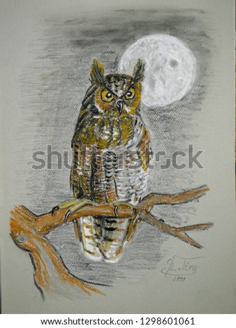 Owl sitting upon a tree branch, original painting of bird
